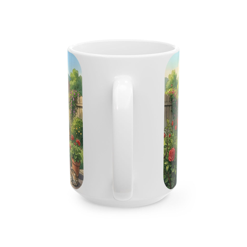 Cottage Garden White Ceramic Mug — Cozy Scenic Floral Tea Cup (11oz/15oz)