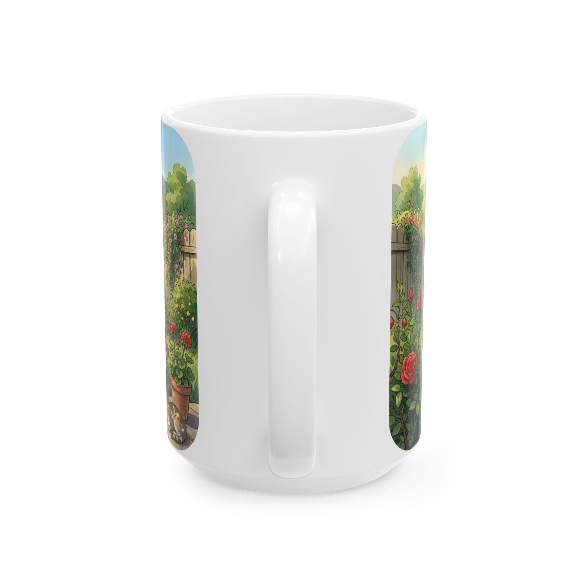 Cottage Garden White Ceramic Mug — Cozy Scenic Floral Tea Cup (11oz/15oz)