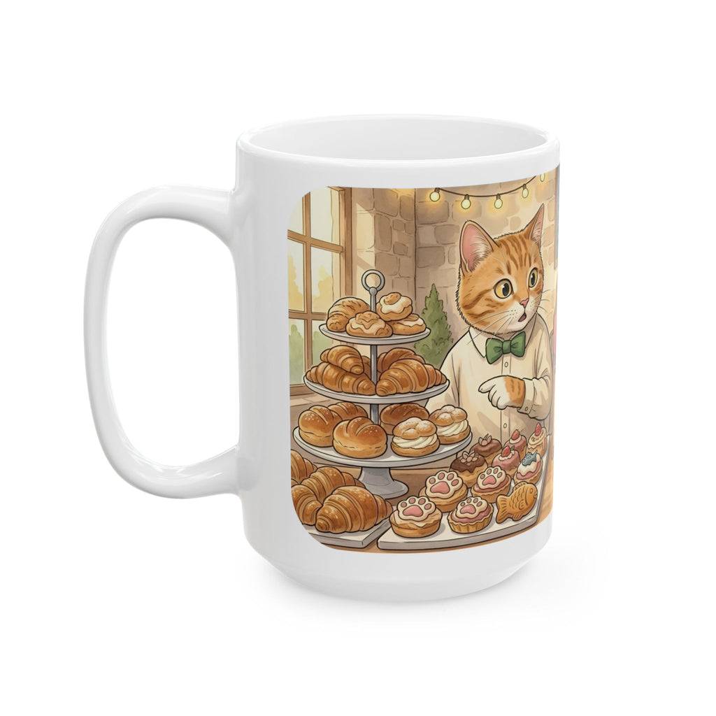 Cat-Astrophe Café White Ceramic Mug — Cute Cat Bakery Date Cup (11oz & 15oz)