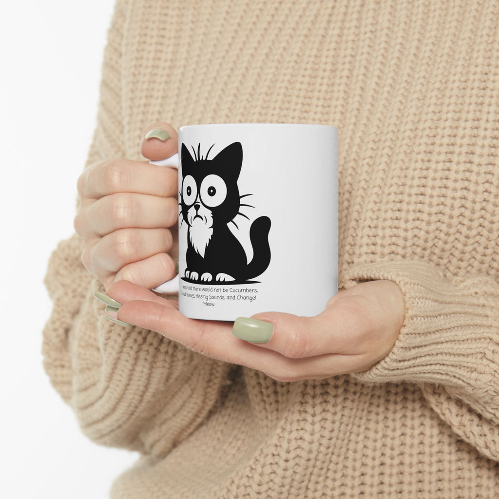 Cat Contemplating Catastrophe White Ceramic Mug - Cute Anxious Black Kitten Tea Cup (11oz & 15oz)