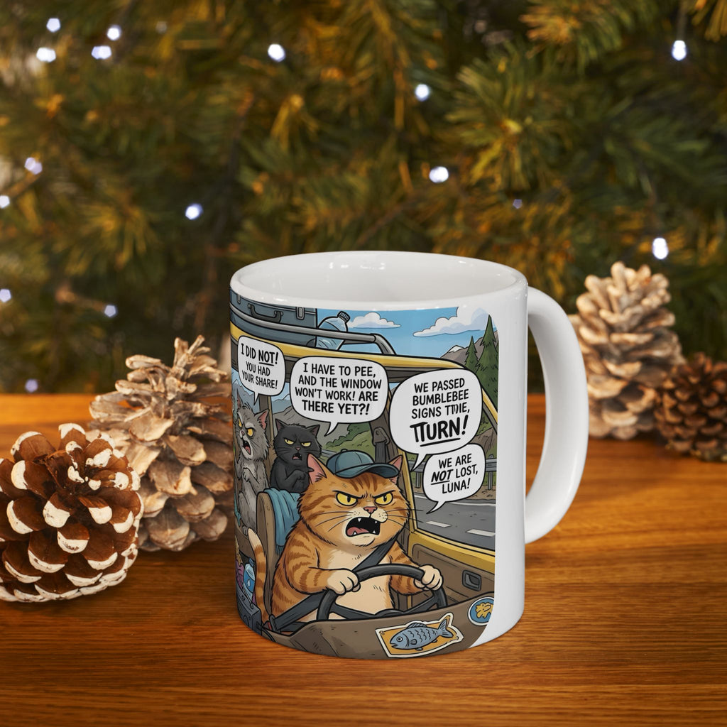 Funny Cat Road Trip White Ceramic Mug — Catnip Kitties Arguing Over Snacks Cup (11oz/15oz)