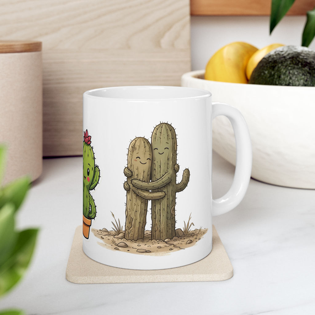 Cactus Couple White Ceramic Mug — Cute Potted Terracotta Tea Cup (11oz & 15oz)