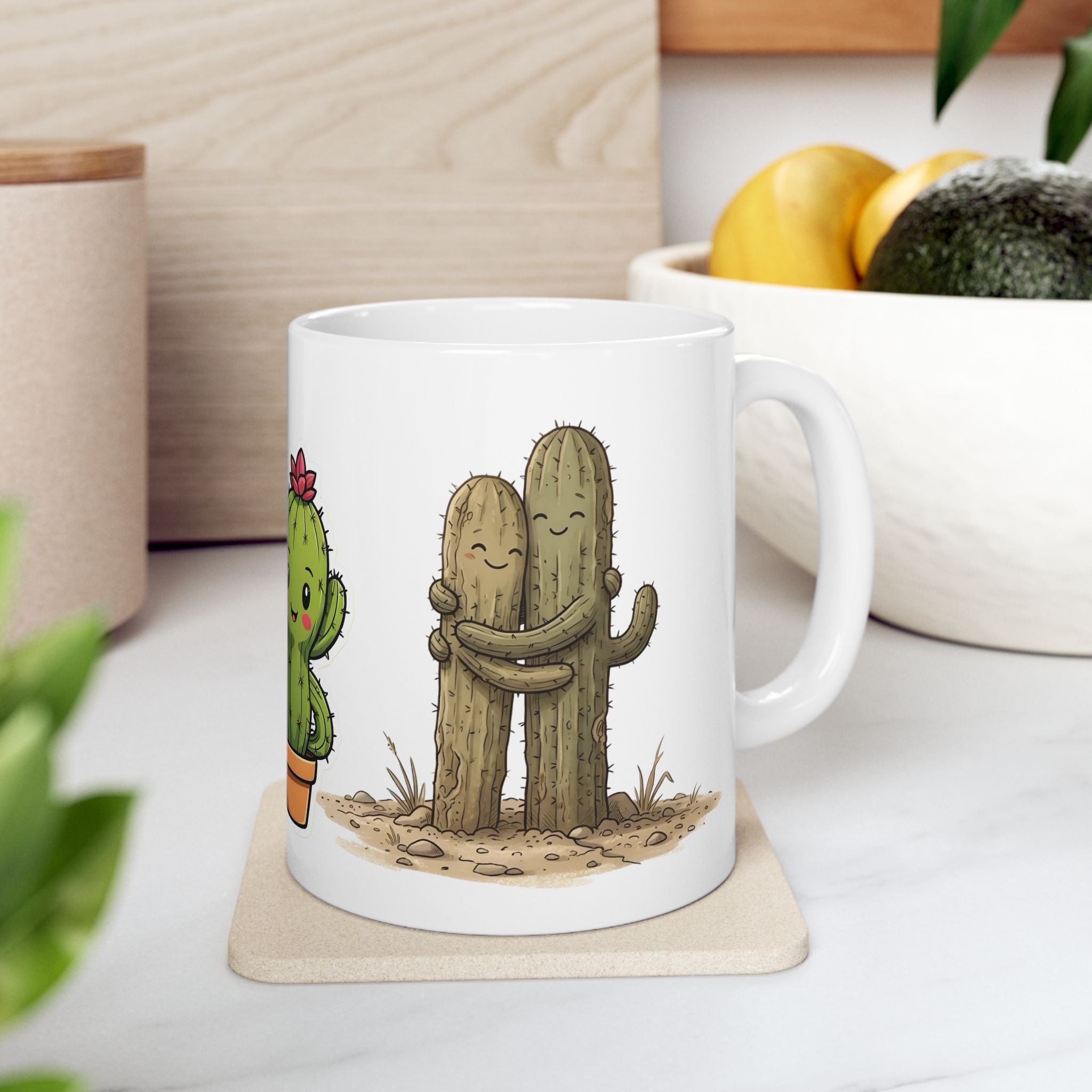 Cactus Couple White Ceramic Mug — Cute Potted Terracotta Tea Cup (11oz & 15oz)