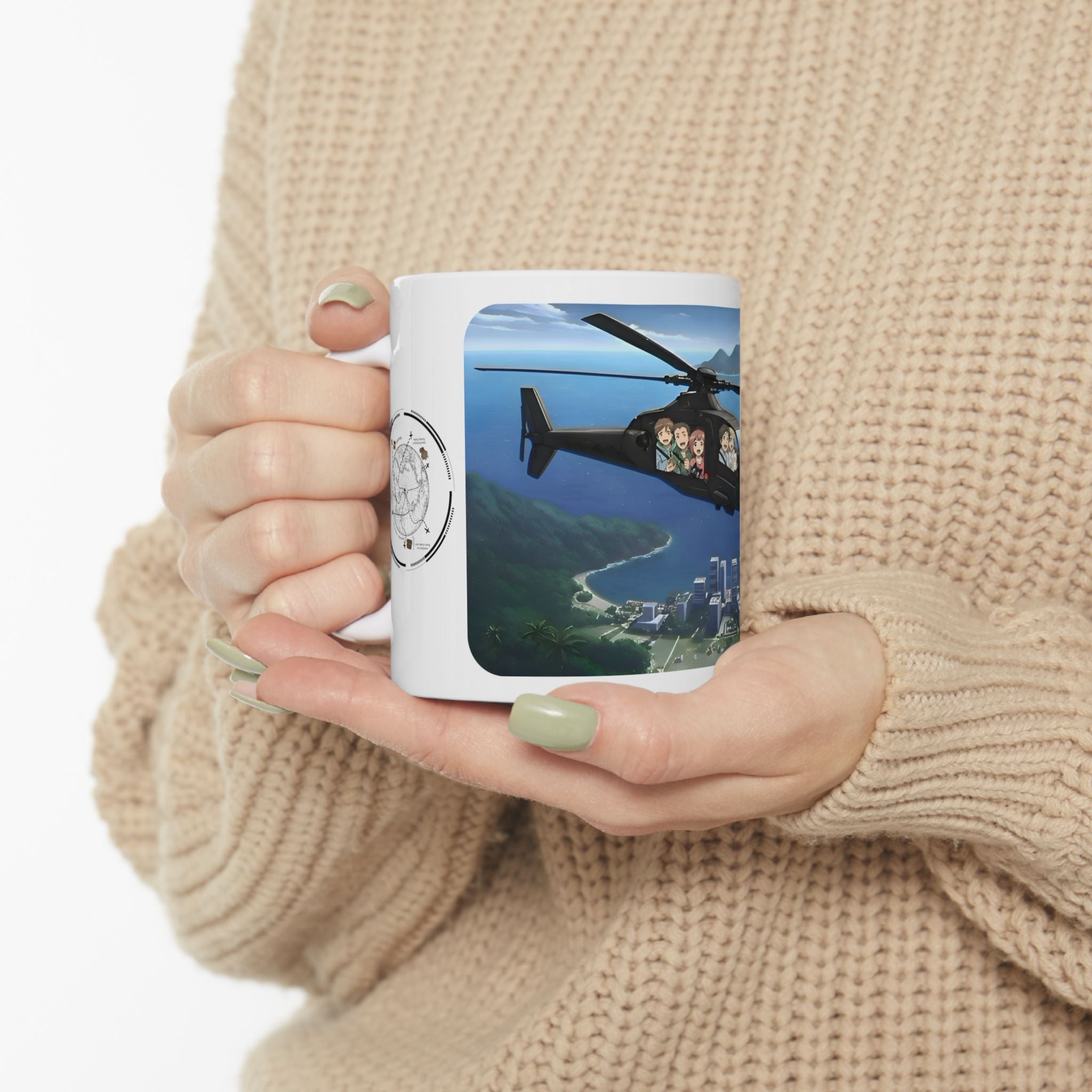 Anime Helicopter Adventure #7 Kawaii Kittens Over Tropical Beachy Metro White Ceramic Mug – Celebrating Companionship, Creativity & Life’s Little Wonders Cup (11oz/15oz)