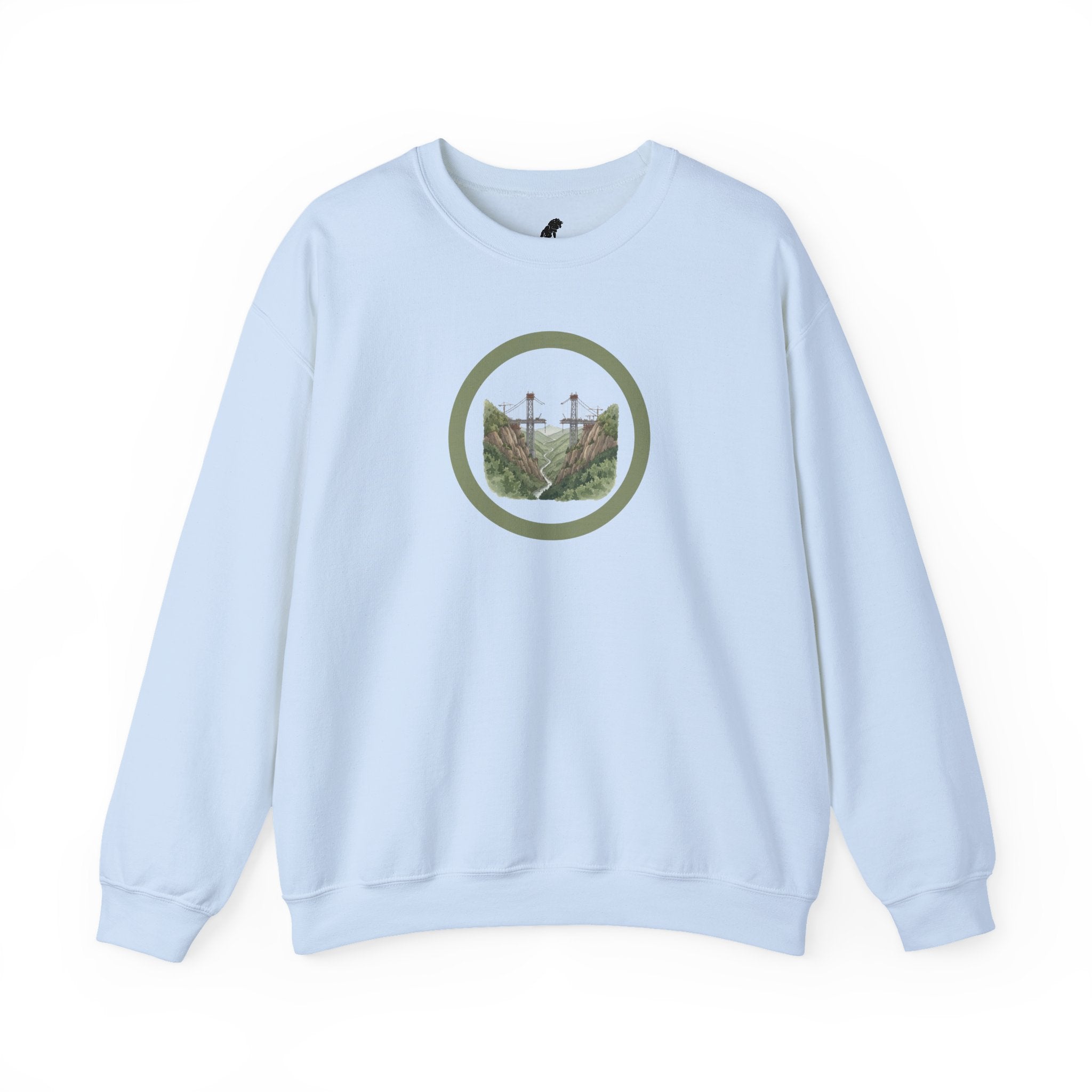 Bridge Building Circular Crewneck Sweatshirt — Mountain Nature Trail View Adventure Sweater