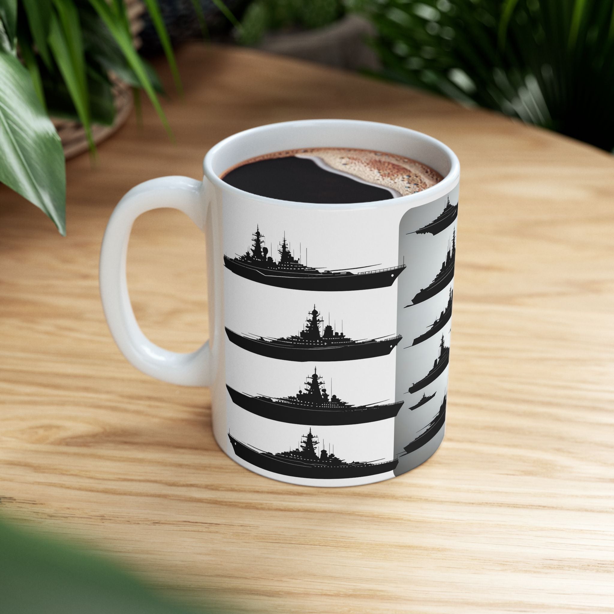 Tactical Battleship Silhouettes White Ceramic Mug — Naval Maritime Warships Cup (11oz & 15oz)
