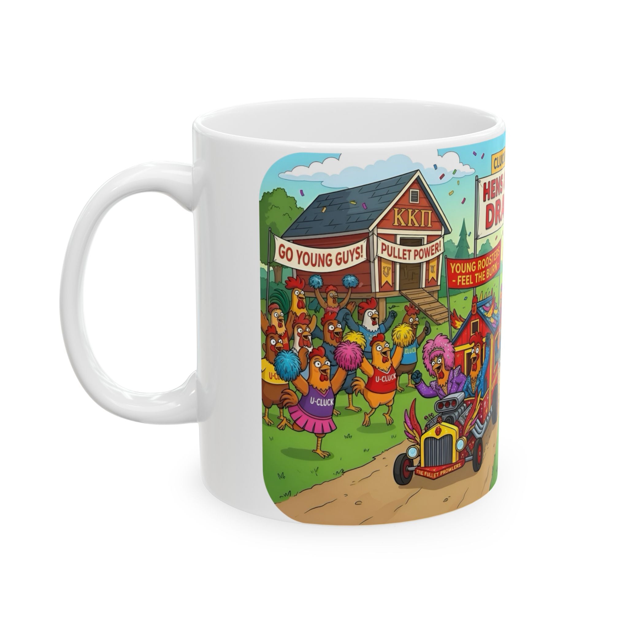 Hens & Roosters Drag Race White Ceramic Mug — Funny Farm Fraternity Racing Tea Cup (11oz/15oz)
