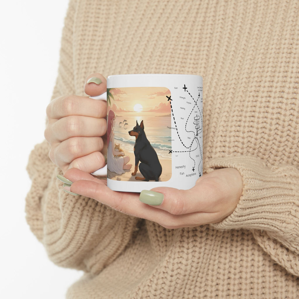 Doberman, Chihuahua & Orange Cat Coastal Vibe White Ceramic Mug, Cozy Sunset Beach Anime Girl Cup (11oz, 15oz)