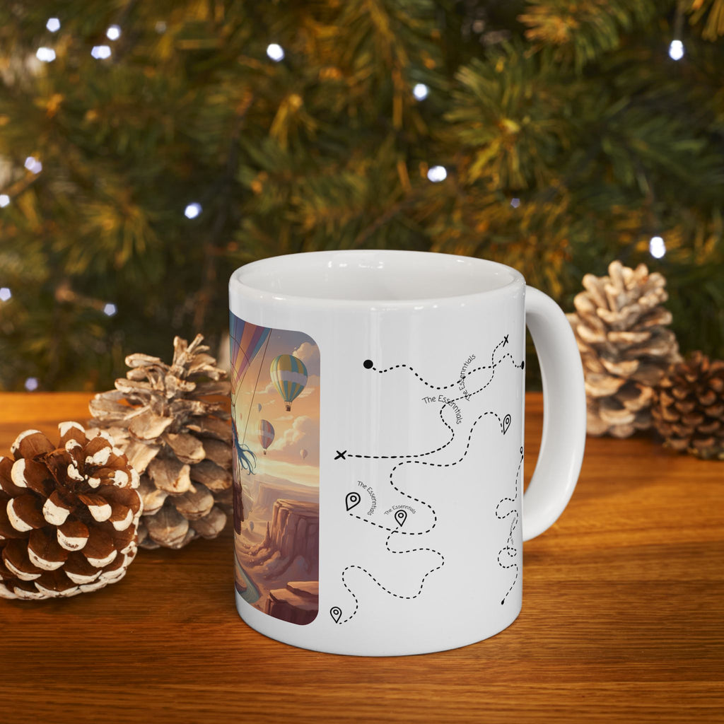 Joyful Friendship Landscape, Colorful Balloon Adventure White Ceramic Mug — True Wealth, Adventure, & Creativity Cup (11oz/15oz)