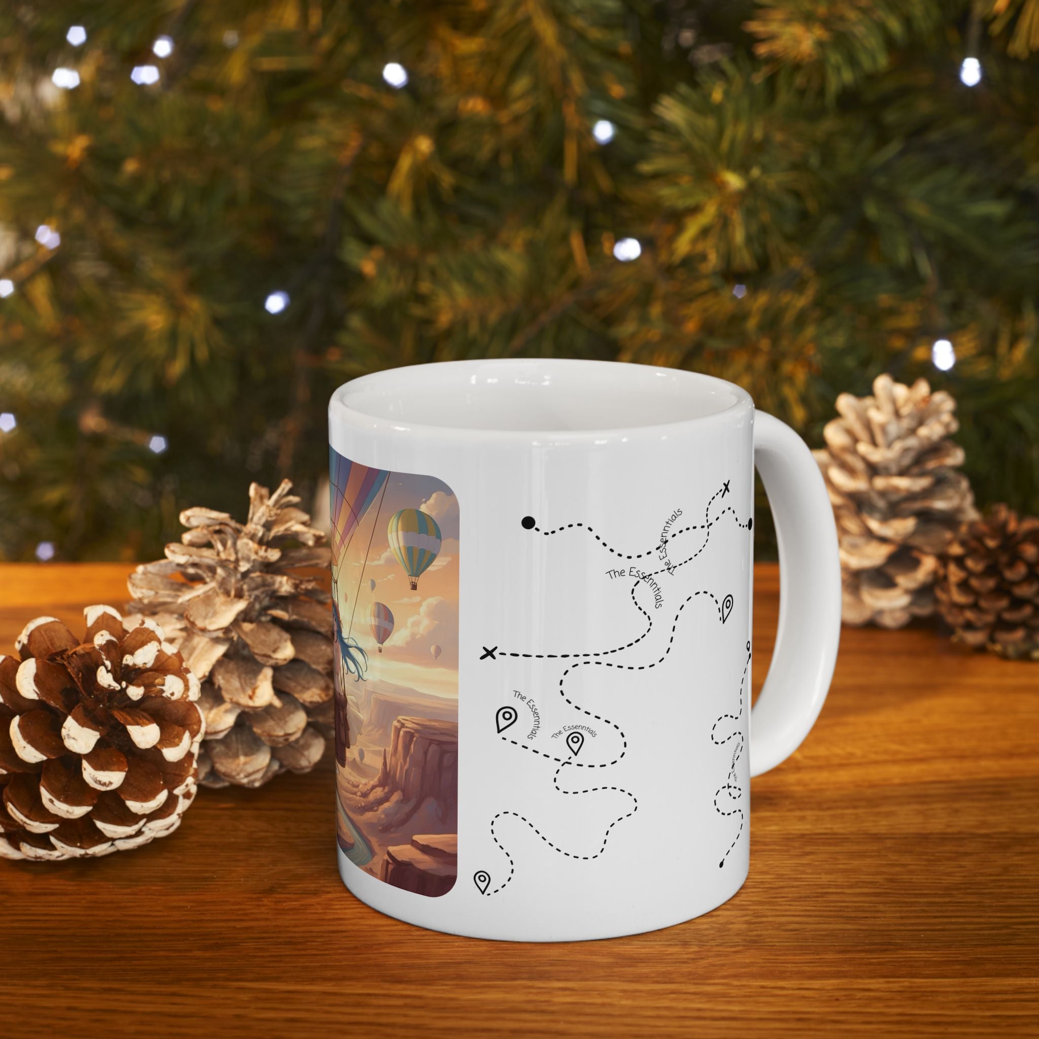 Joyful Friendship Landscape, Colorful Balloon Adventure White Ceramic Mug — True Wealth, Adventure, & Creativity Cup (11oz/15oz)