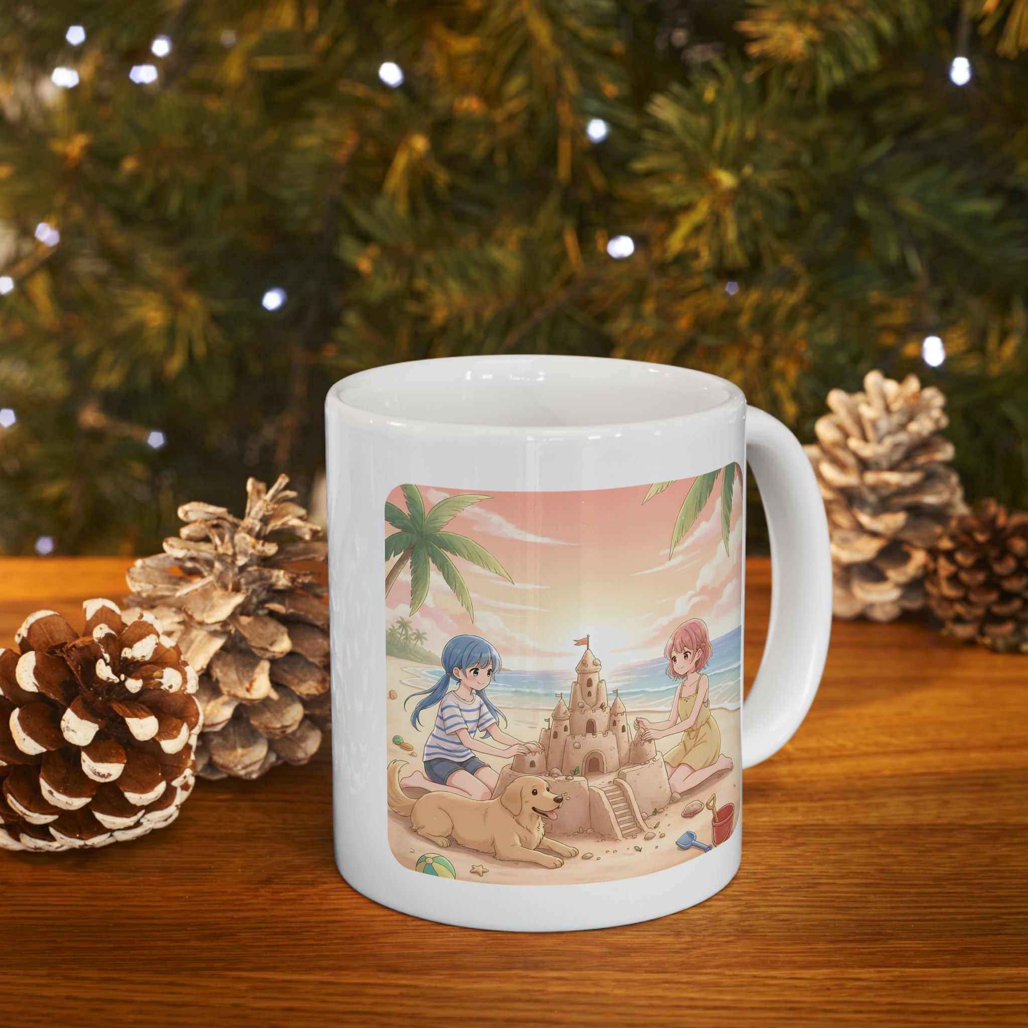 Sisters and BFF Summer Beach Sandcastle White Ceramic Mug — Tropical Manga Ocean Sunset and Golden Retriever Cup (11oz/15oz)