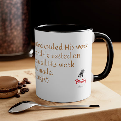 Bible Speaks Gen 2:2 Accent Mug, 11oz