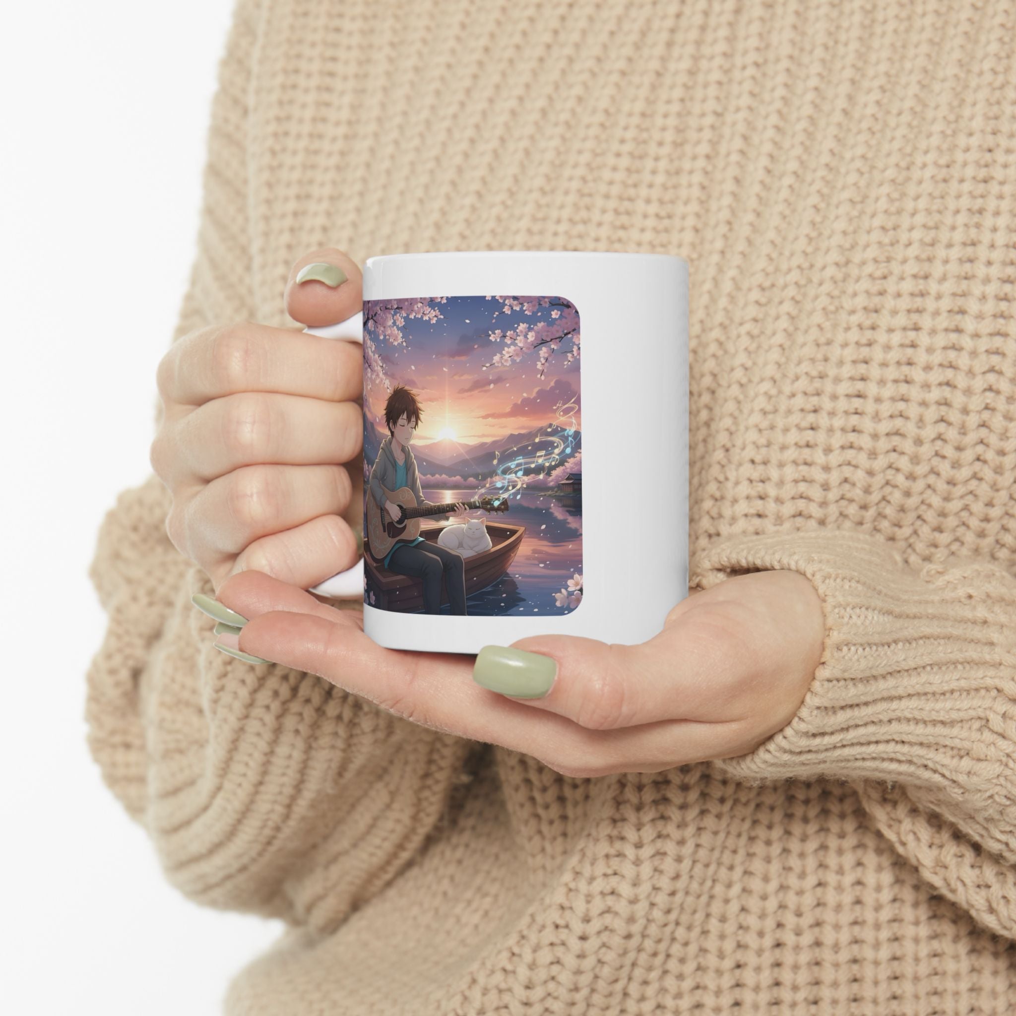 Guitarist & Cat Sunset Lake White Ceramic Mug — Tranquil Nature Music Scene (11oz, 15oz)