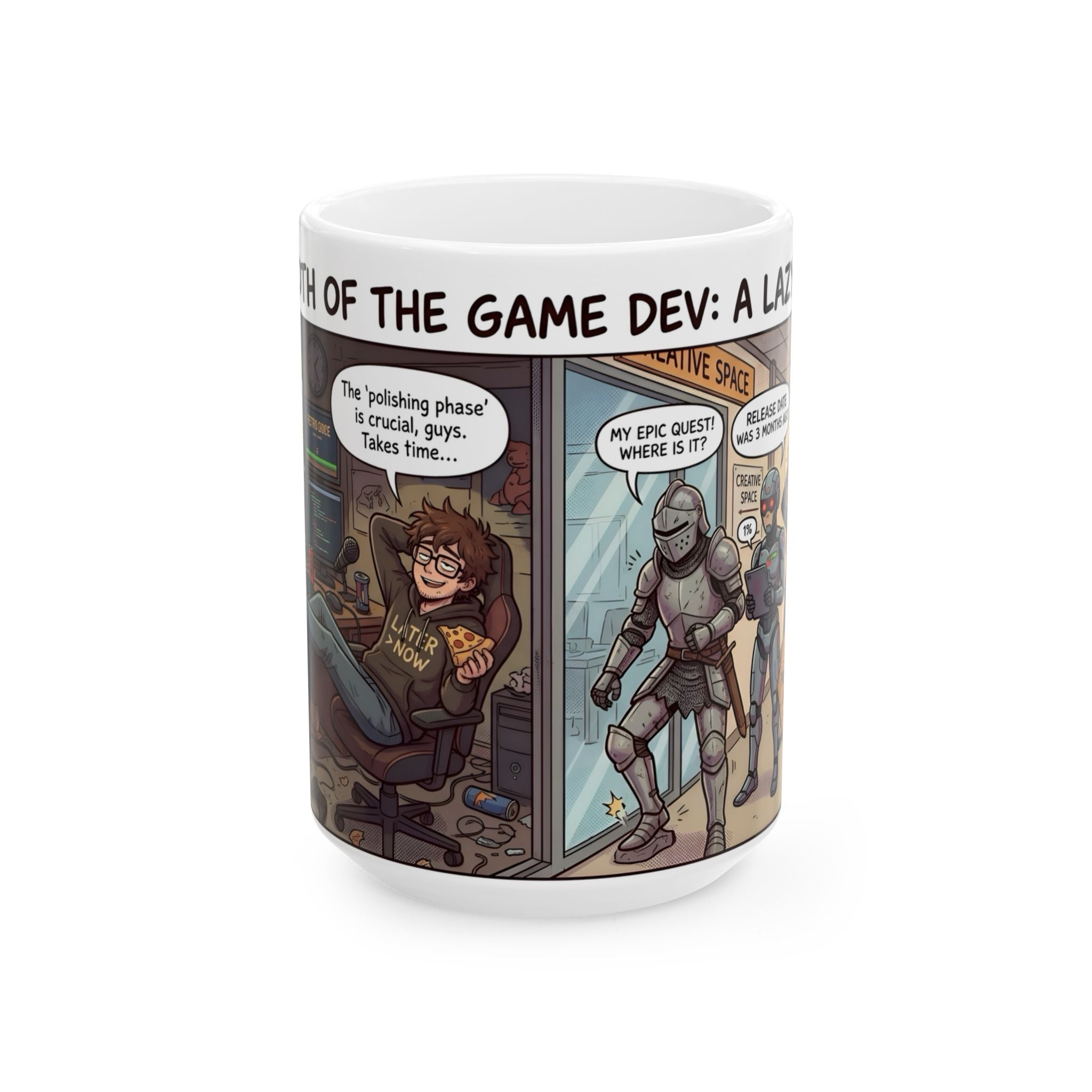 Humorous Game Developer White Ceramic Mug — 'The Life of the Indie Game Dev' Tea Cup (11oz/15oz)