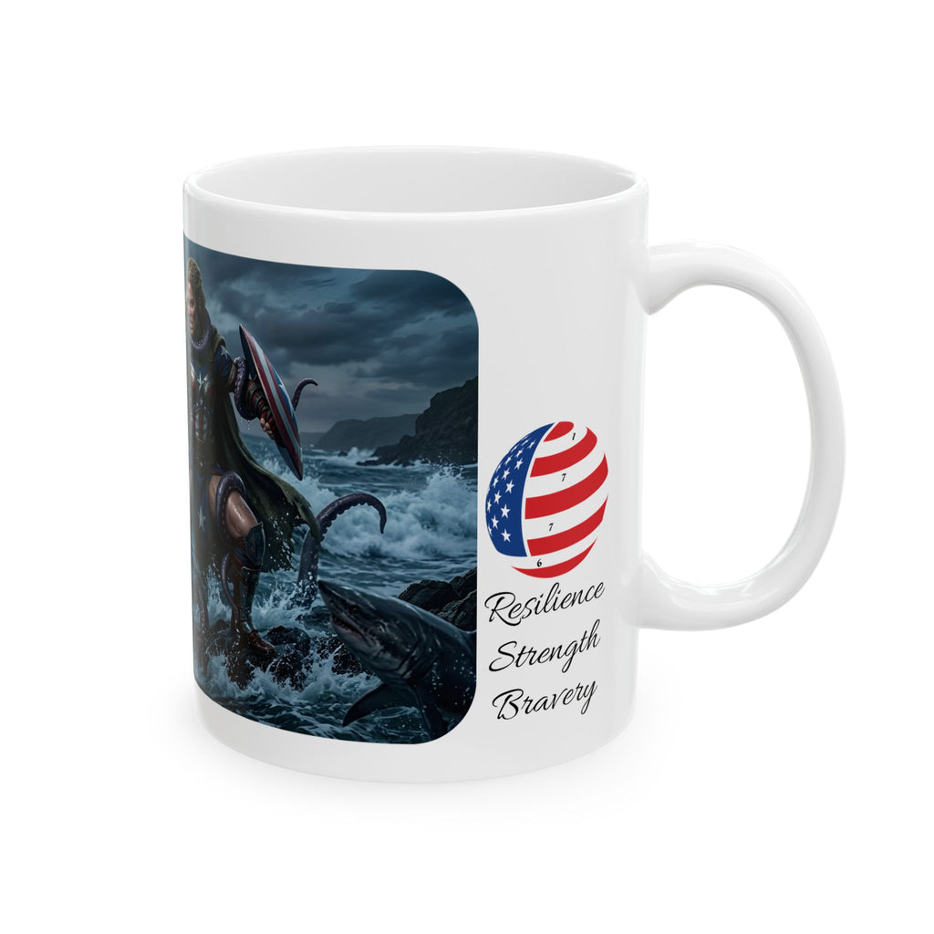 Lady Liberty Unbound #1 White Ceramic Mug — USA Standing Strong Against Darkness Cup