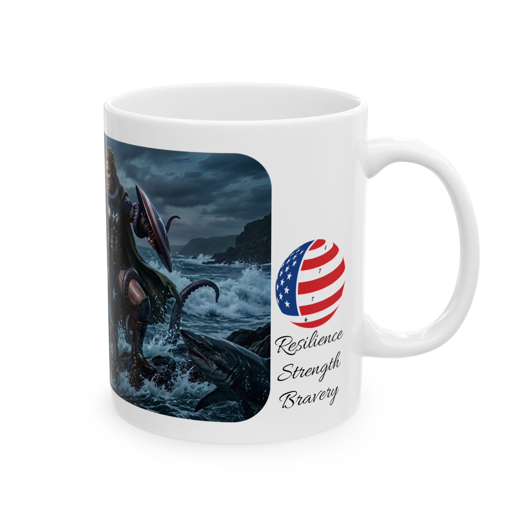 Lady Liberty Unbound #1 White Ceramic Mug — USA Standing Strong Against Darkness Cup