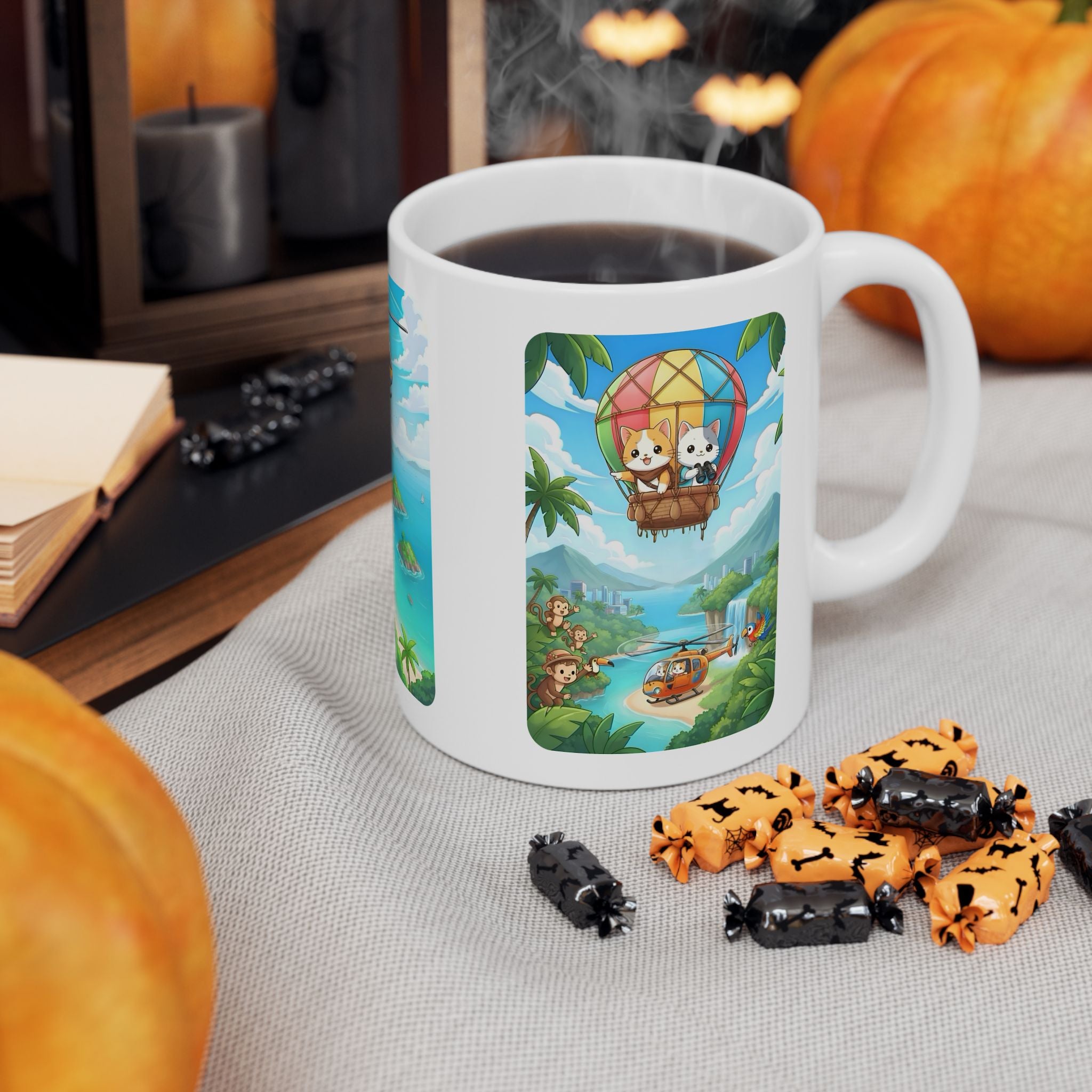 Tropical Chibi Cats Helicopter Adventure White Ceramic Mug — Kawaii Cats Hot Air Balloon Summer Cup (11oz & 15oz)