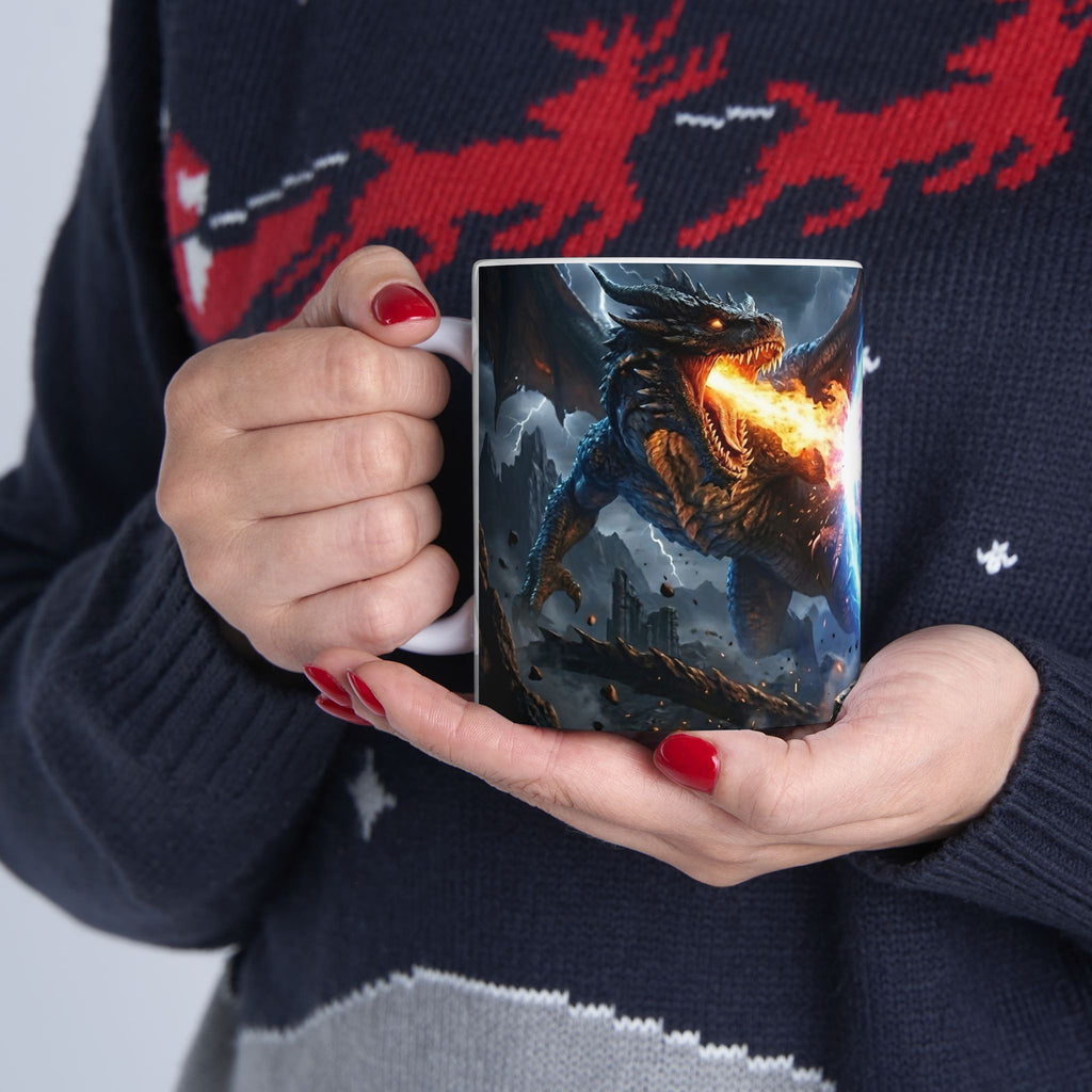 Dragon Battle #4 White Ceramic Mug — Epic Fantasy Gaming Adventure Scene (11oz, 15oz)
