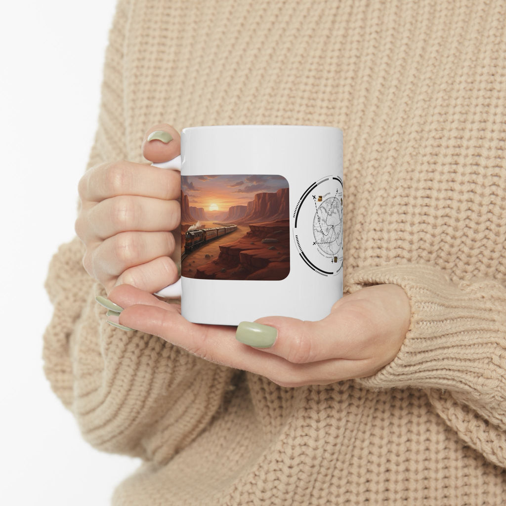 Desert Canyon Sunset Railway White Ceramic Mug — Vintage Steam Train Forest Viaduct Cup (11oz/15oz)