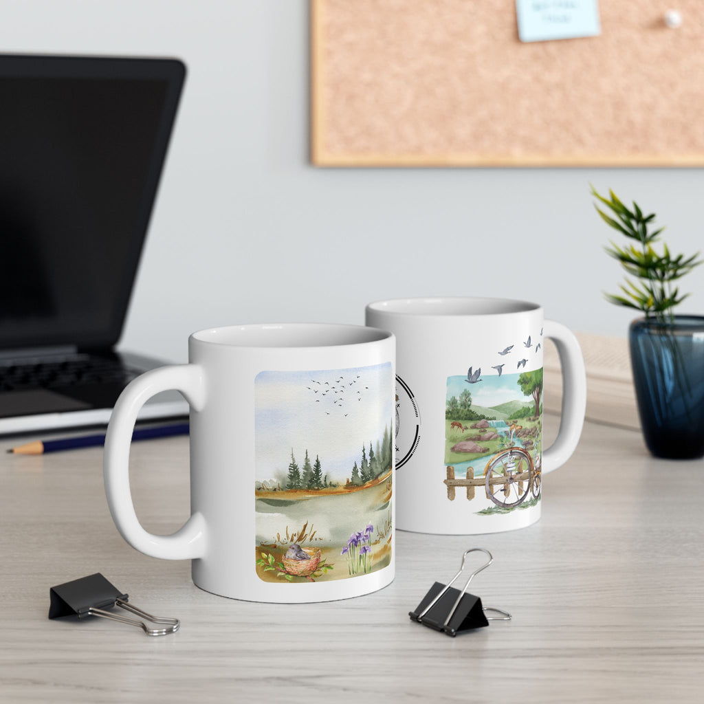 Peaceful Forest White Ceramic Mug — Aesthetic Nature Scenery Cup (11oz/15oz)