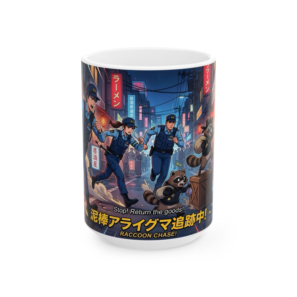"Raccoon Chase" Anime City Police White Ceramic Mug (11oz/15oz), Urban Ringtails Cup