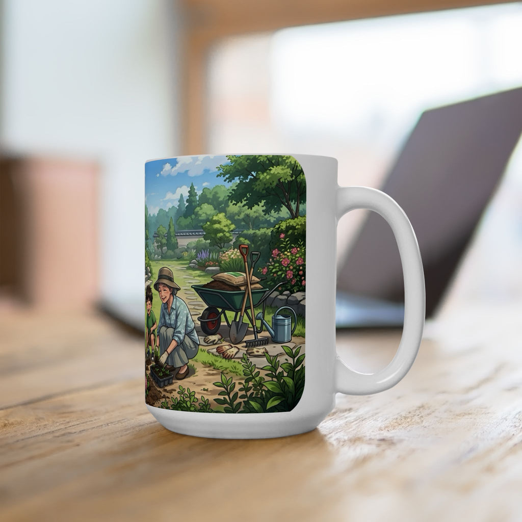 Garden Family Love White Ceramic Mug — Cozy Countryside Landscaping Tea Cup (11oz & 15oz)