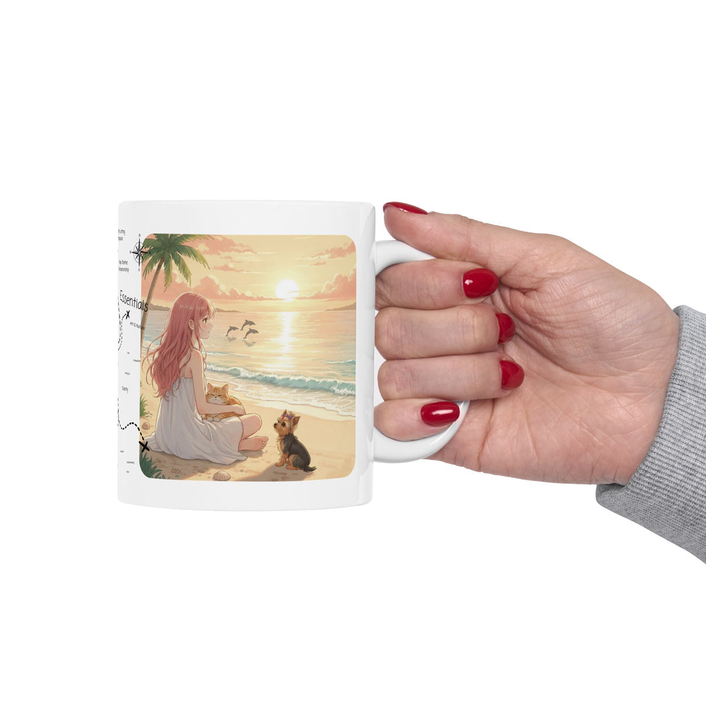 Cozy Peaceful Moments with Pets Sunset Beach White Ceramic Mug — Husky, Yorkie & Orange Cat Tropical Seascape Cup (11oz, 15oz)