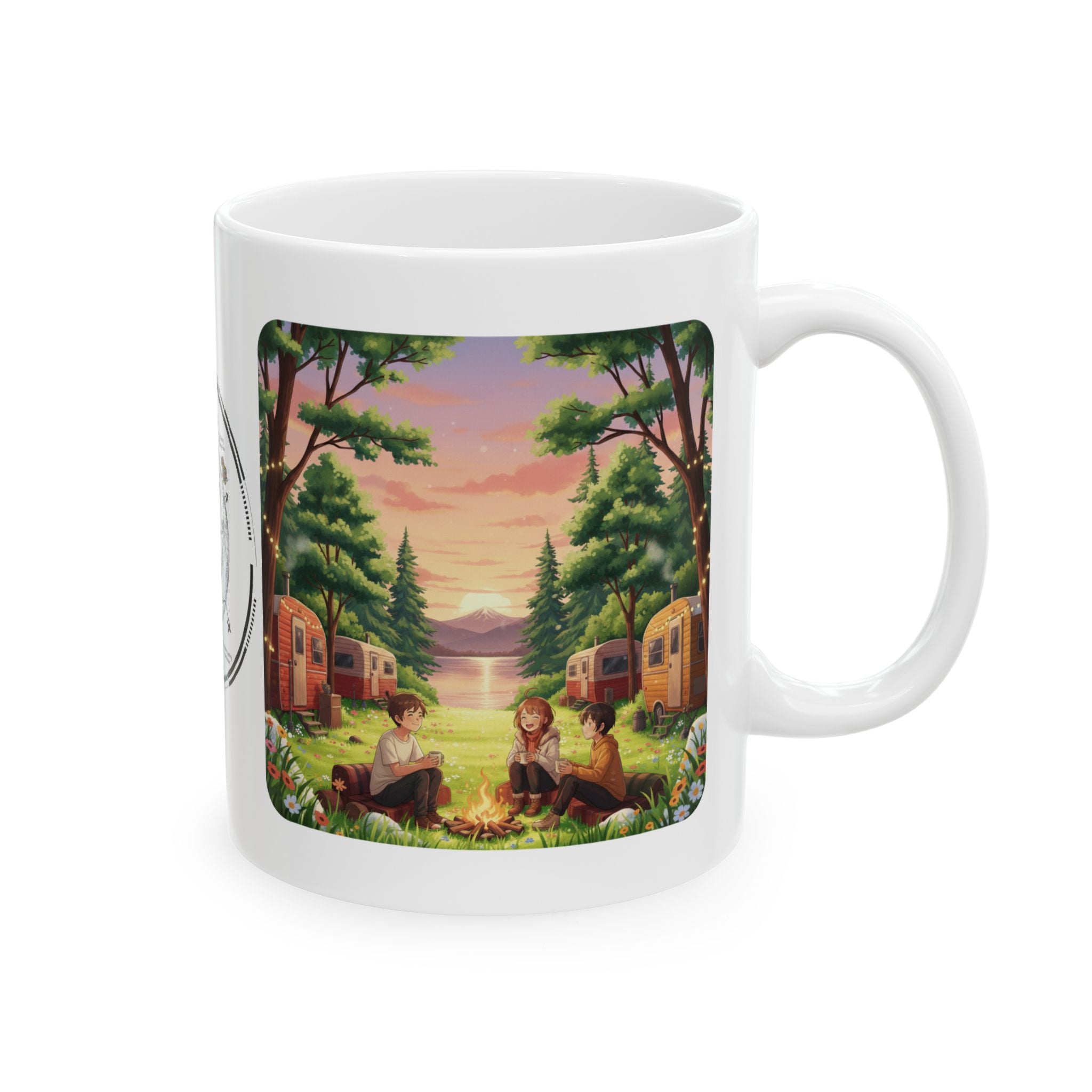 Cozy Hearth & Home White Ceramic Mug — Sunset Mountain View Vintage Camper Cup (11oz/15oz)