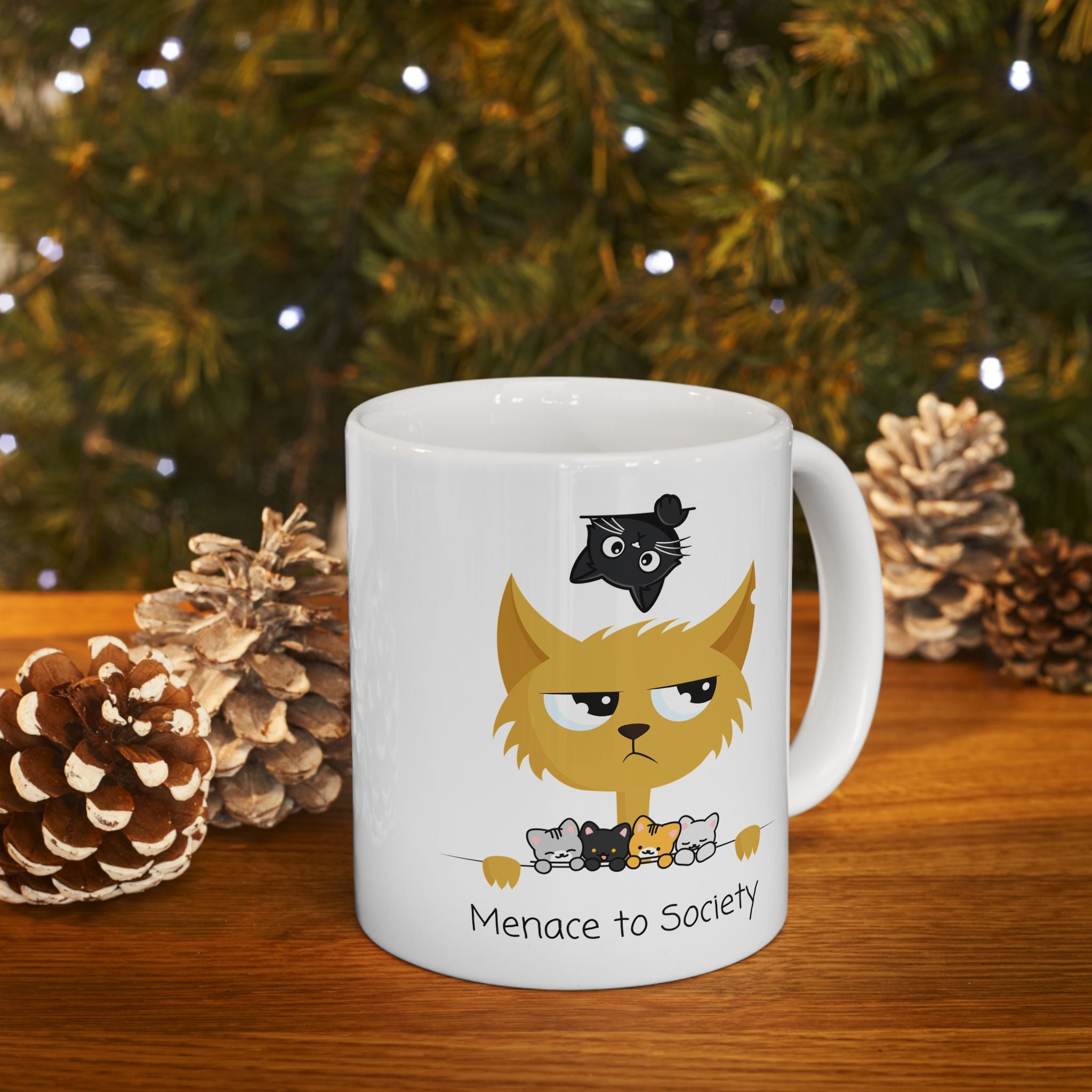 Cheeky Cat Mom White Ceramic Mug — Cute "Menace To Society" Rebel Cats Tea Cup (11oz, 15oz)