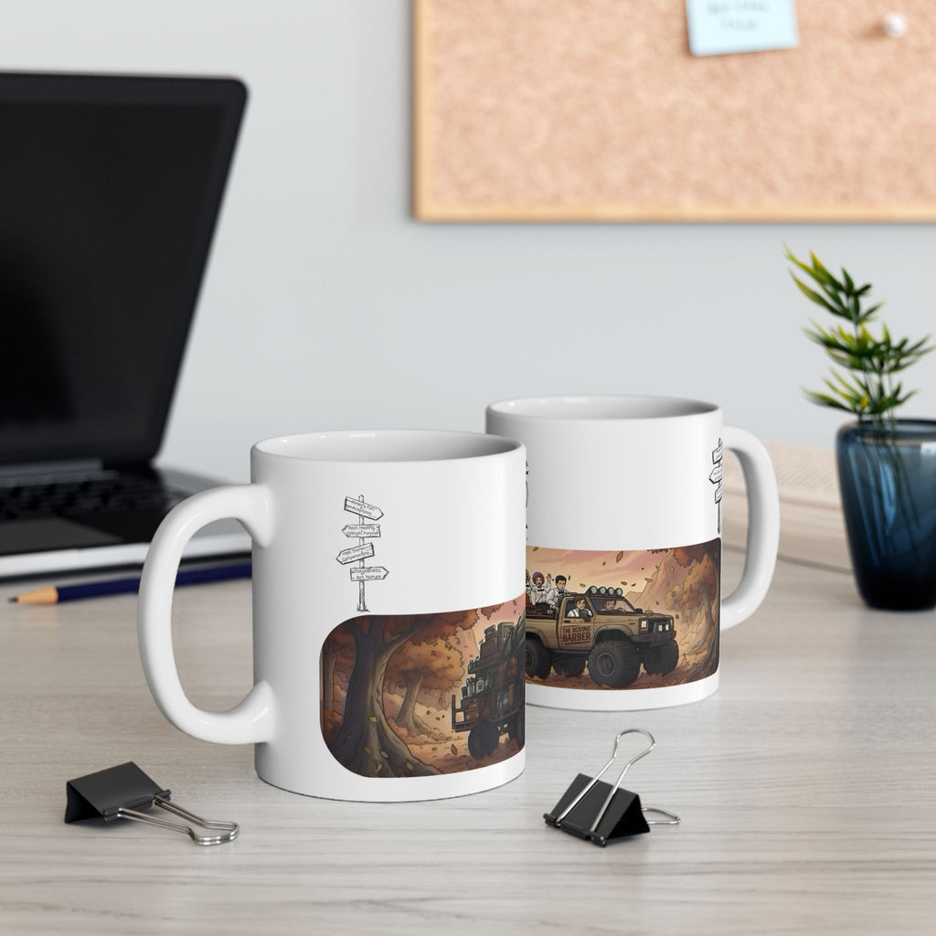 Adventure 4x4 Trucks #4, The Roving Barber White Ceramic Mug — Find Your Path To The Essentials Cup (11oz & 15oz)
