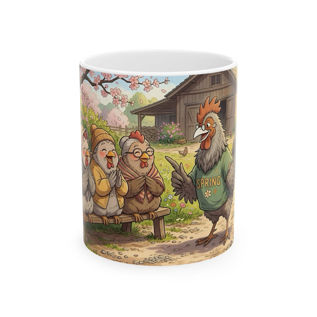 Spring Rooster & Chickens White Ceramic Mug — Cute & Cozy Country Farm Tea Cup (11oz/15oz)