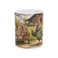 Spring Rooster & Chickens White Ceramic Mug — Cute & Cozy Country Farm Tea Cup (11oz/15oz)