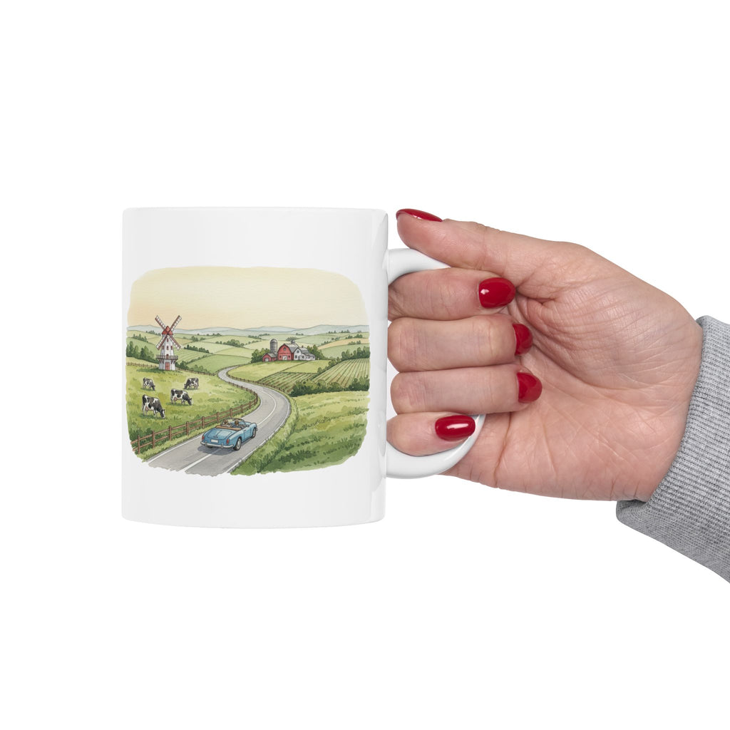 Scenic Convertible Countryside Drive White Ceramic Mug (11oz, 15oz), Relaxing and Cozy Open Road Mountain Getaway Cup
