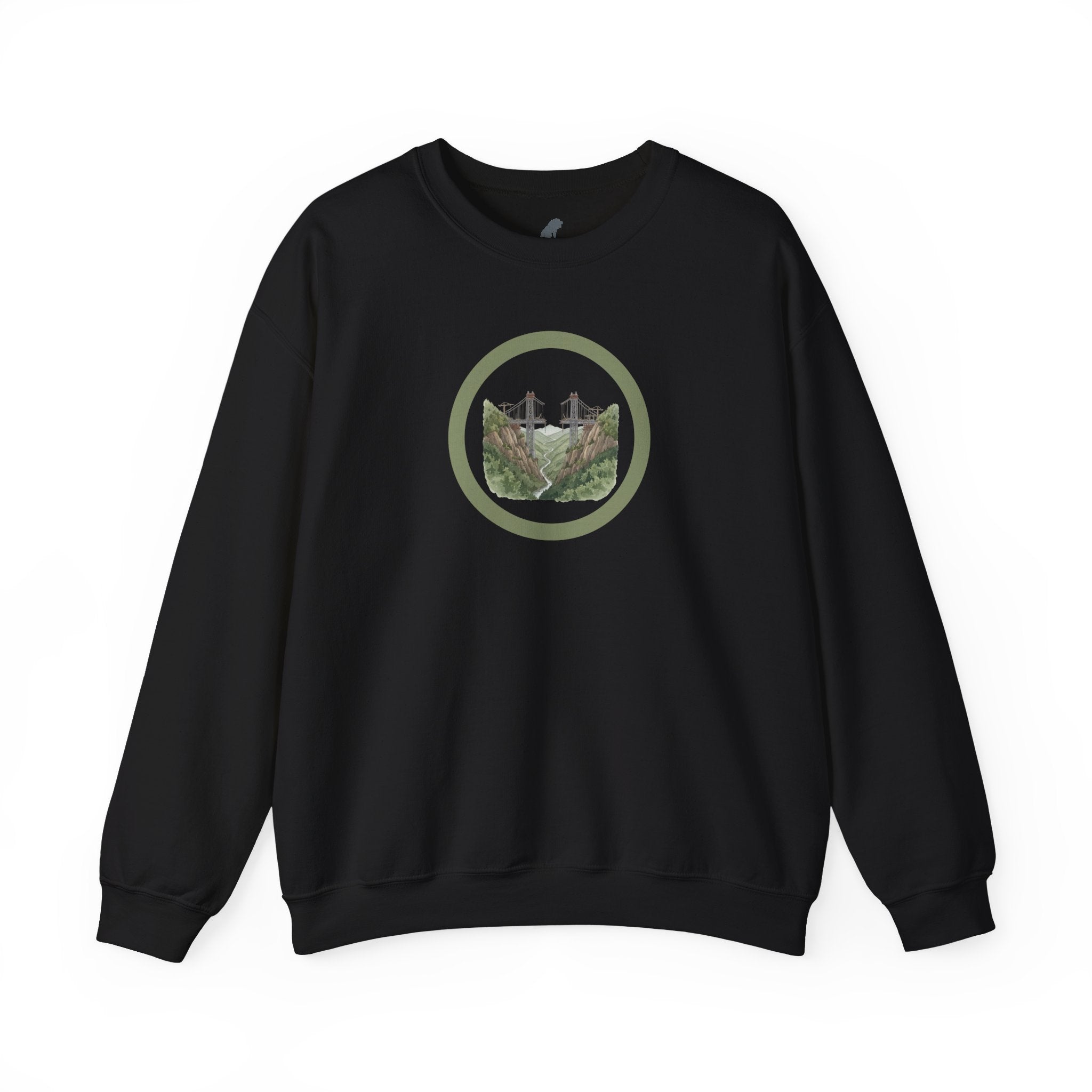 Bridge Building Circular Crewneck Sweatshirt — Mountain Nature Trail View Adventure Sweater