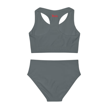 Girl's "Sunny Day" Dark Grey Two Piece Swimsuit (AOP)