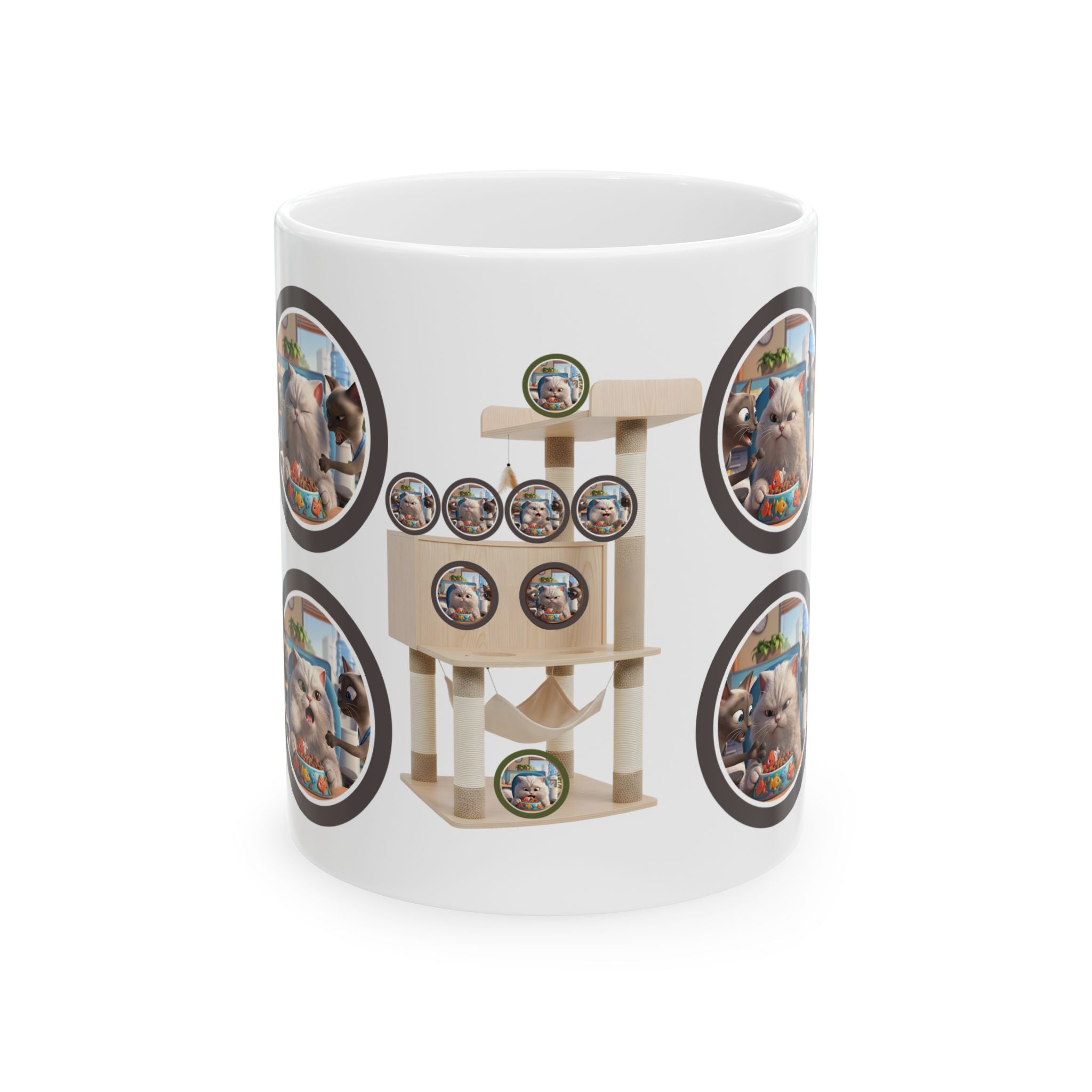 Realatable Cat Tower Collage White Ceramic Mug — Don't Bother Me Cute Personified Cup (11oz, 15oz)