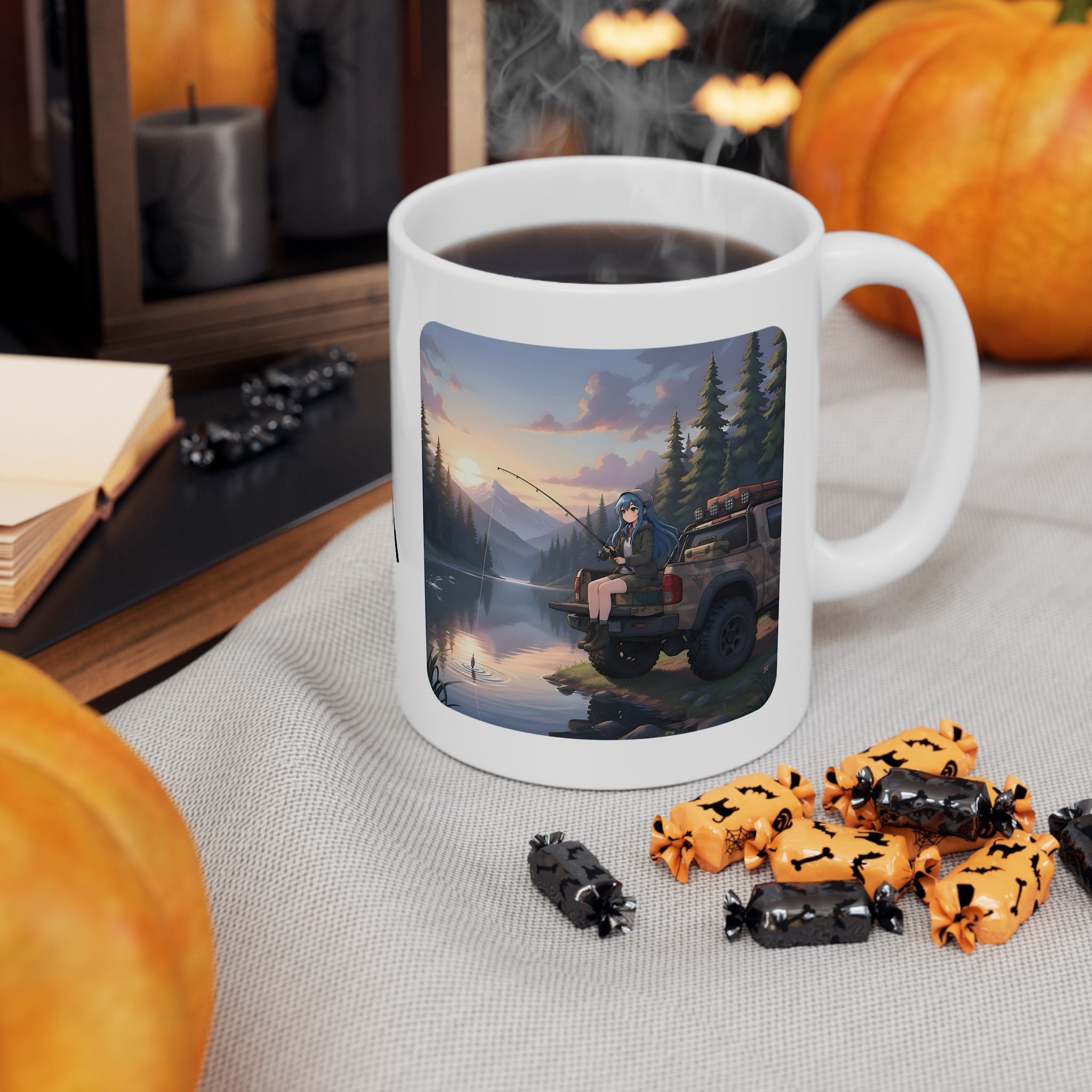 Cozy Anime Girl Tailgate Fishing Adventure White Ceramic Mug — Vintage Truck, Lake Sunrise Tea Cup (11oz/15oz)