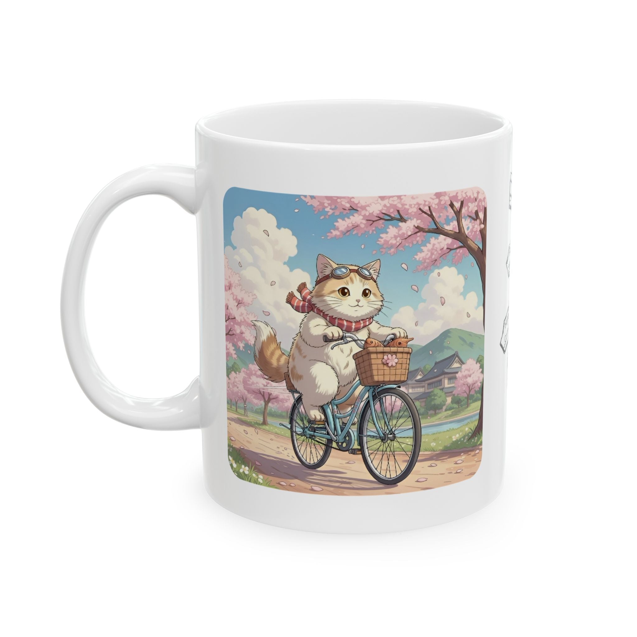 Cozy Kawaii Kitty Riding in Sakura Japan White Ceramic Mug — Whiskers on Wheels, Cherry Blossom Calm Cup, 11o z & 15oz