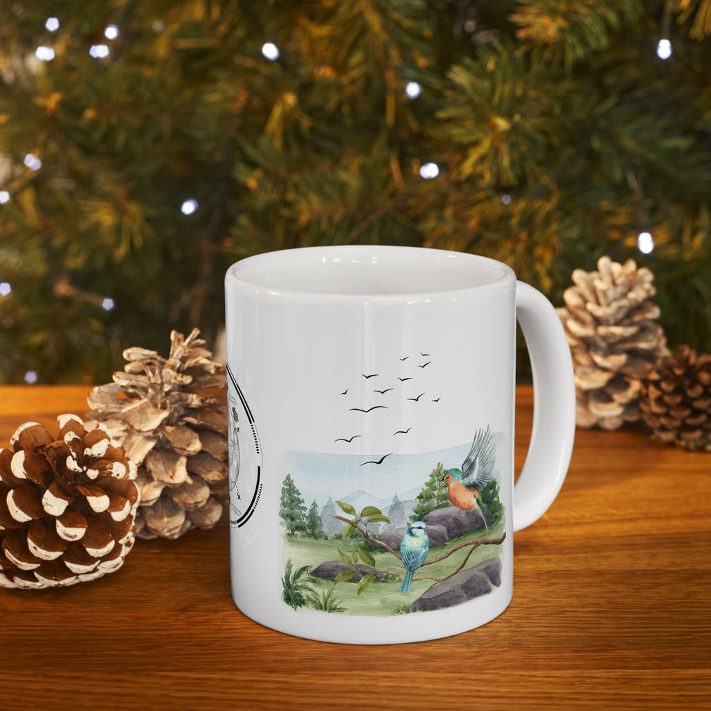 Joy of Life Tranquil Morning White Ceramic Mug — Serene Wilderness Lake Cup (11oz/15oz)