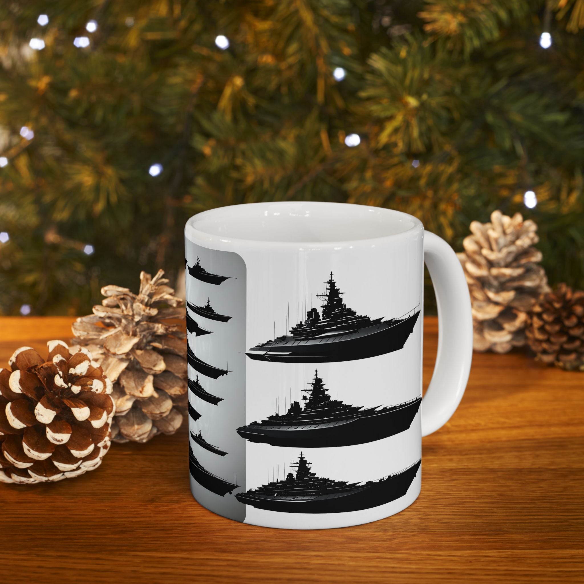 Tactical Battleship Silhouettes White Ceramic Mug — Naval Maritime Warships Cup (11oz & 15oz)