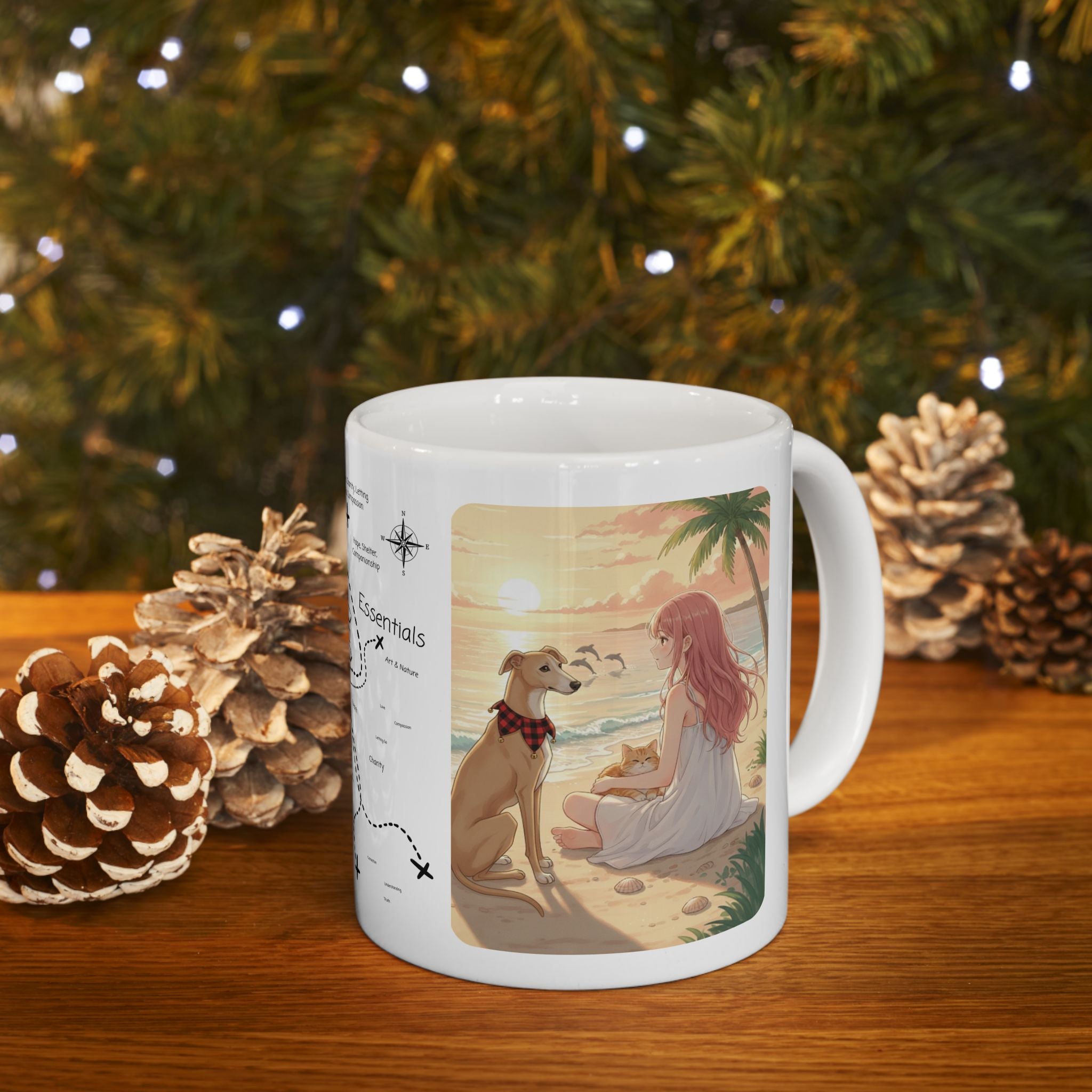 Dreamy Whippet Greyhound Dog & Orange Cat Tropical Seascape White Ceramic Mug, Cozy Owner and Pet Mom on Beach Cup (11oz, 15oz)
