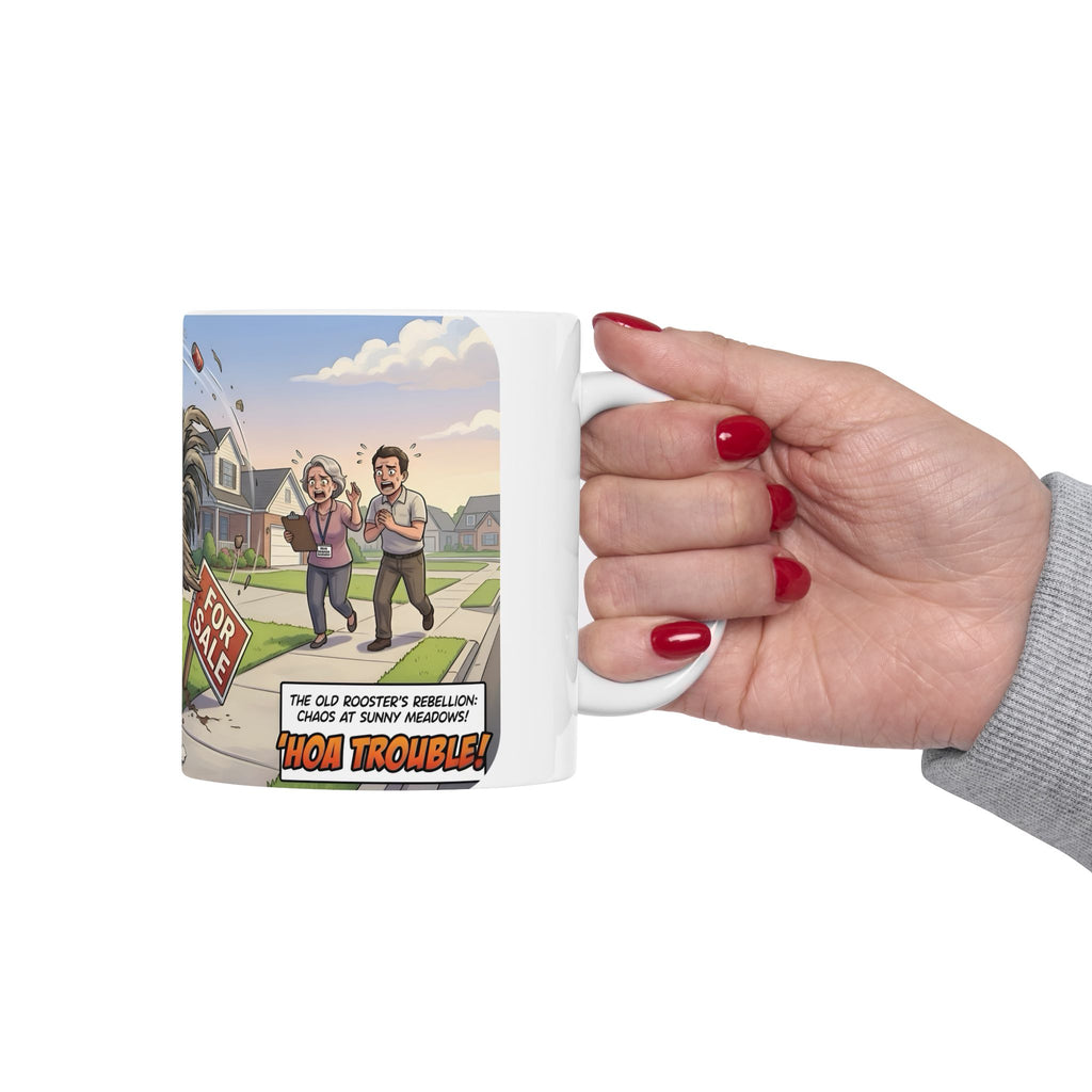 Rooster Rebellion White Ceramic Mug – Funny Morning HOA Trouble Cup (11oz/15oz)