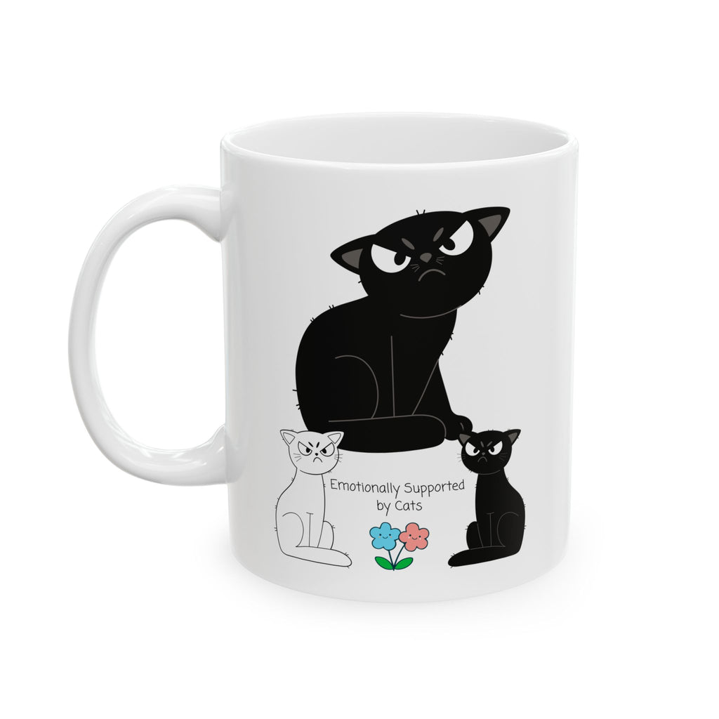 Emotionally Supported by Cats White Ceramic Mug – Cute Black & White Sassy Kitties Tea Cup (11oz & 15oz)