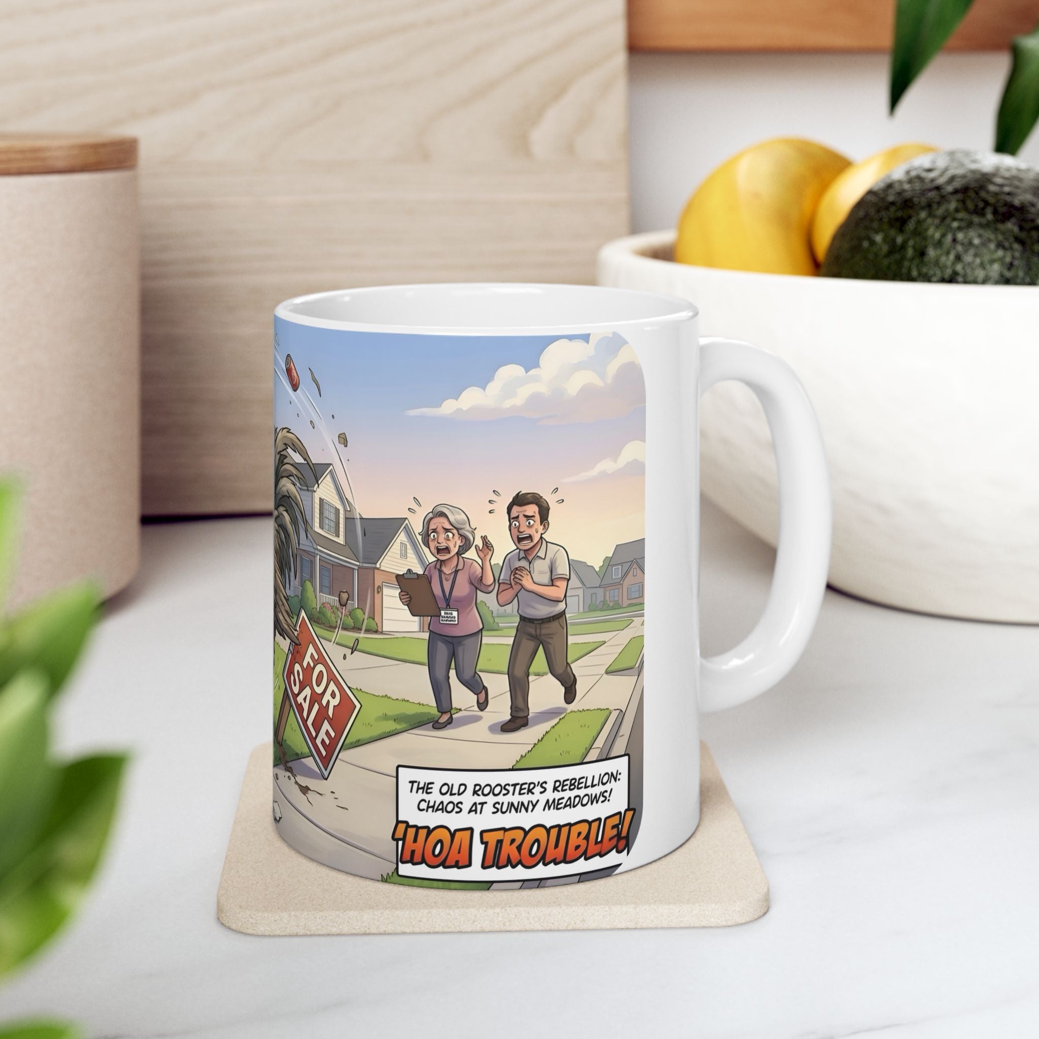 Rooster Rebellion White Ceramic Mug – Funny Morning HOA Trouble Cup (11oz/15oz)