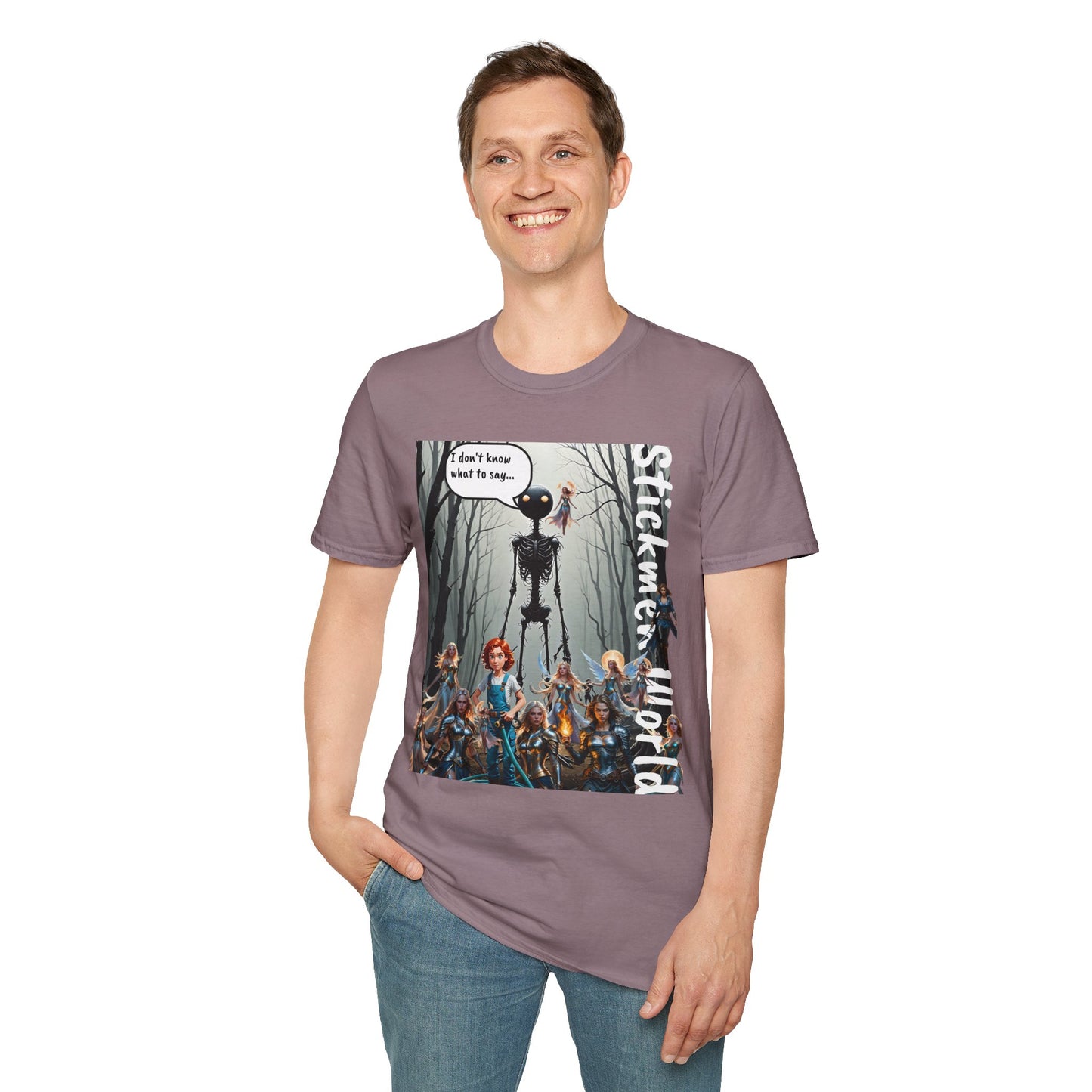 Stickmen World Unisex Softstyle T-Shirt, Fantasy Women Shirt, Warrior Men's Dream Shirt, Heroic Fantasy Shirt, Humorous Tee, Men Love Strong Women, Strong Females Sarcastic Tee