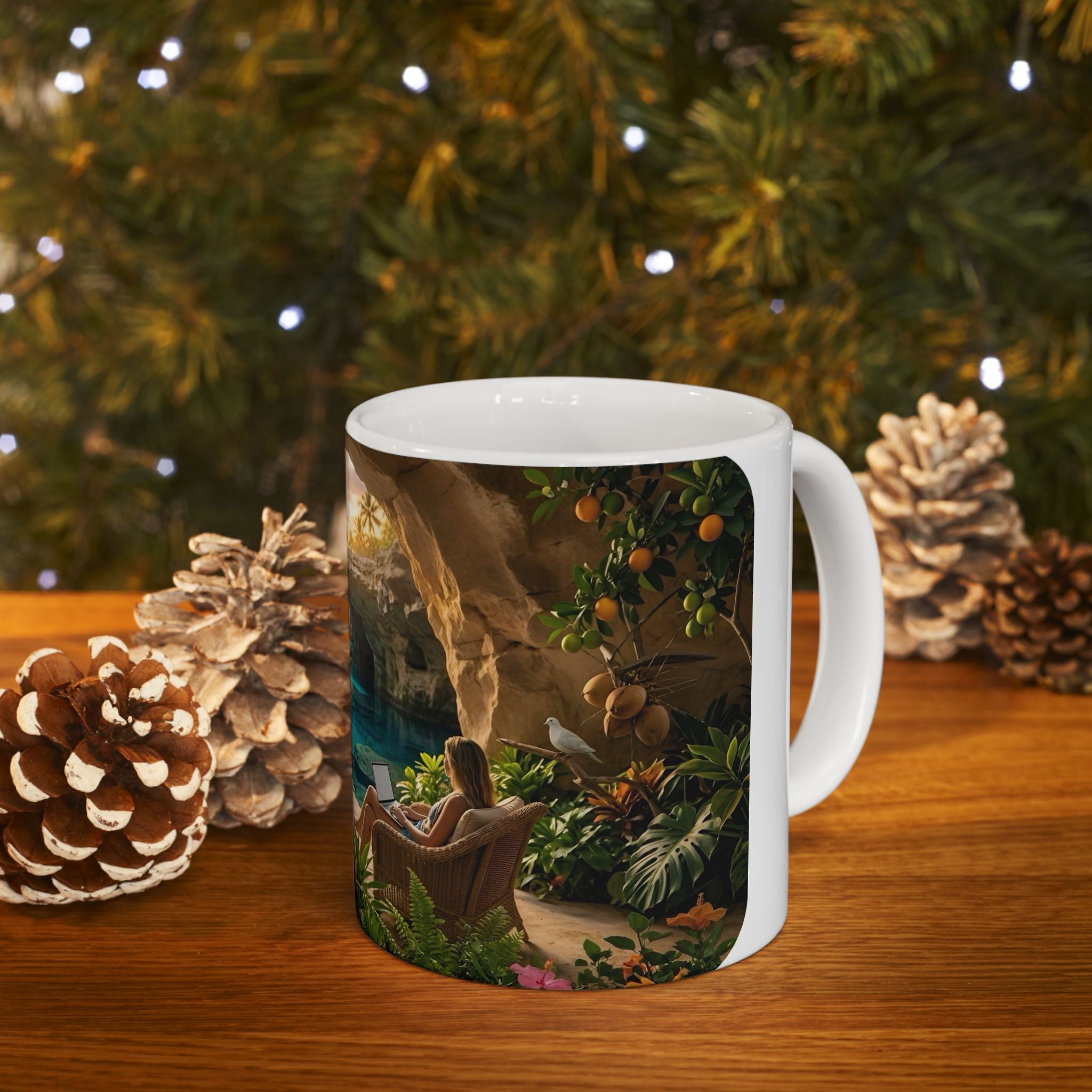 Tropical Cave Paradise White Ceramic Mug,  Relaxing Escape Cup (11 oz, 15 oz)