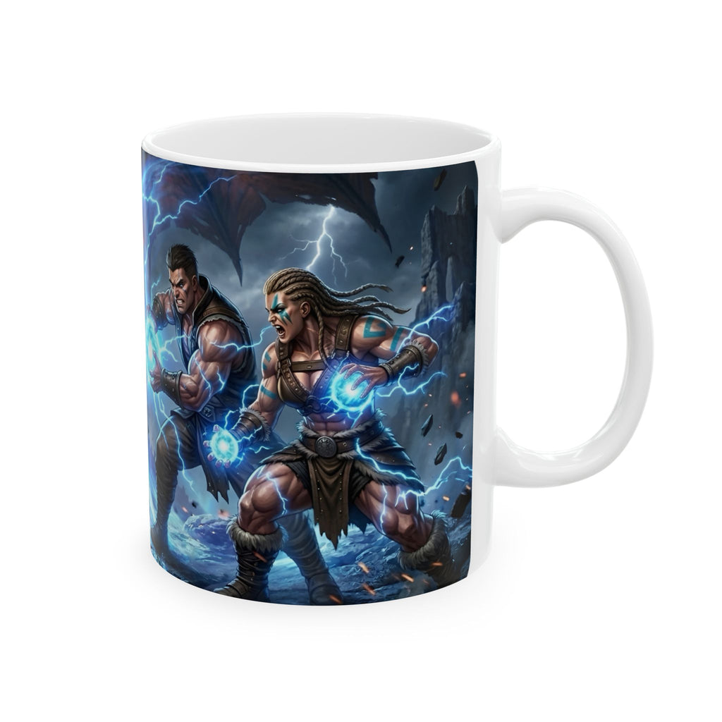 Dragon Battle #4 White Ceramic Mug — Epic Fantasy Gaming Adventure Scene (11oz, 15oz)