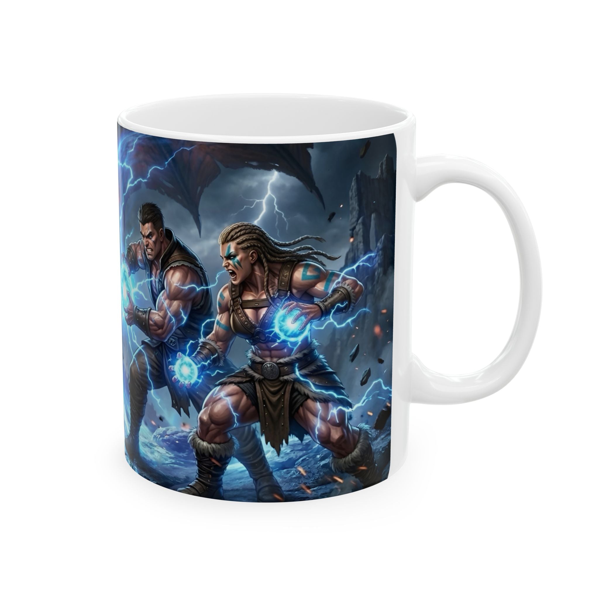 Dragon Battle #4 White Ceramic Mug — Epic Fantasy Gaming Adventure Scene (11oz, 15oz)