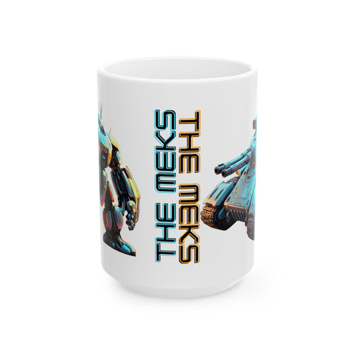 'The Meks' Sci‑Fi Mech Robot #8 White Ceramic Mug (11oz & 15oz), Mech Squad Tank Cup