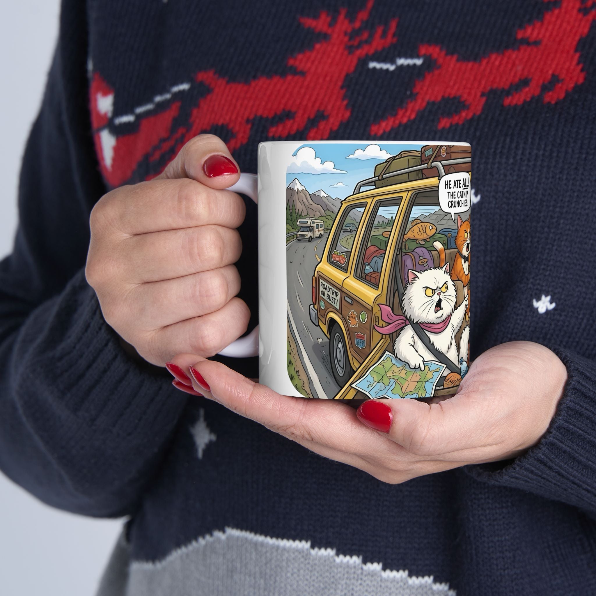 Funny Cat Road Trip White Ceramic Mug — Catnip Kitties Arguing Over Snacks Cup (11oz/15oz)
